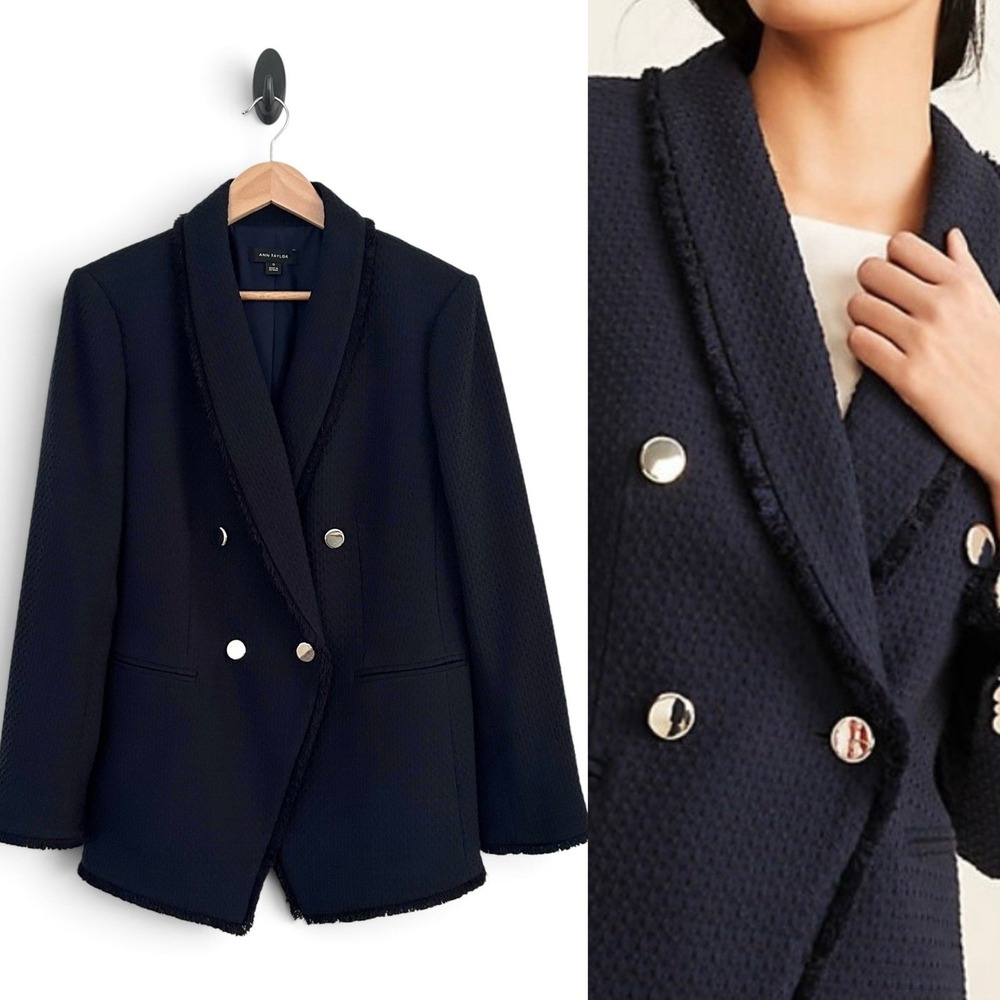 Ann Taylor Women's 12 Navy Tweed Long Sleeve Double Breasted Cotton Blazer NWOT